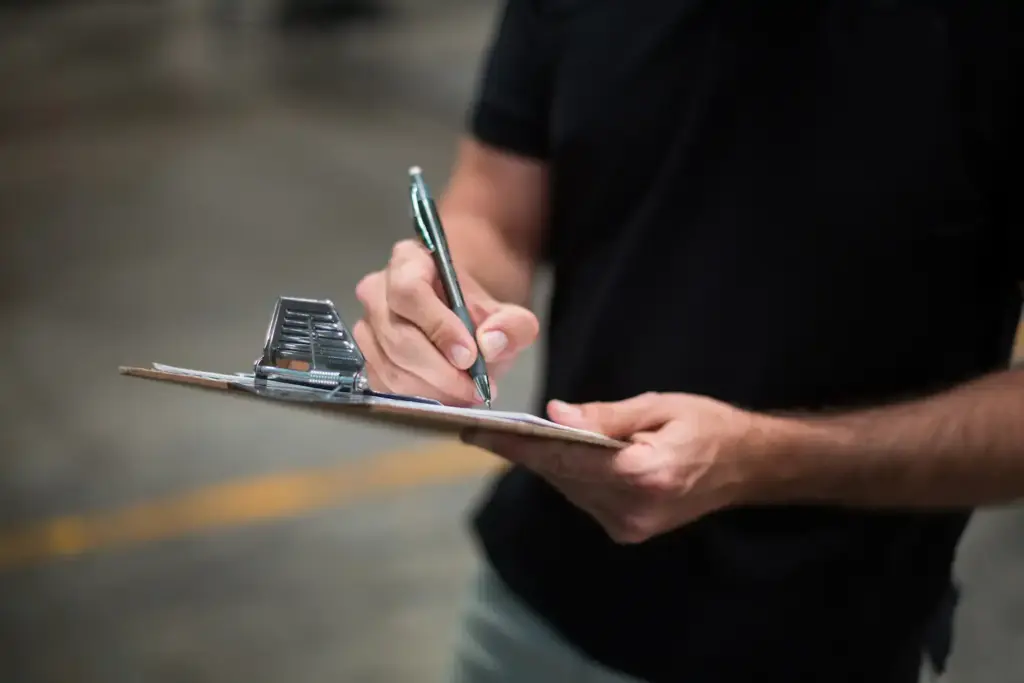 Professional Man Writes on Clipboard in Workplace Setting